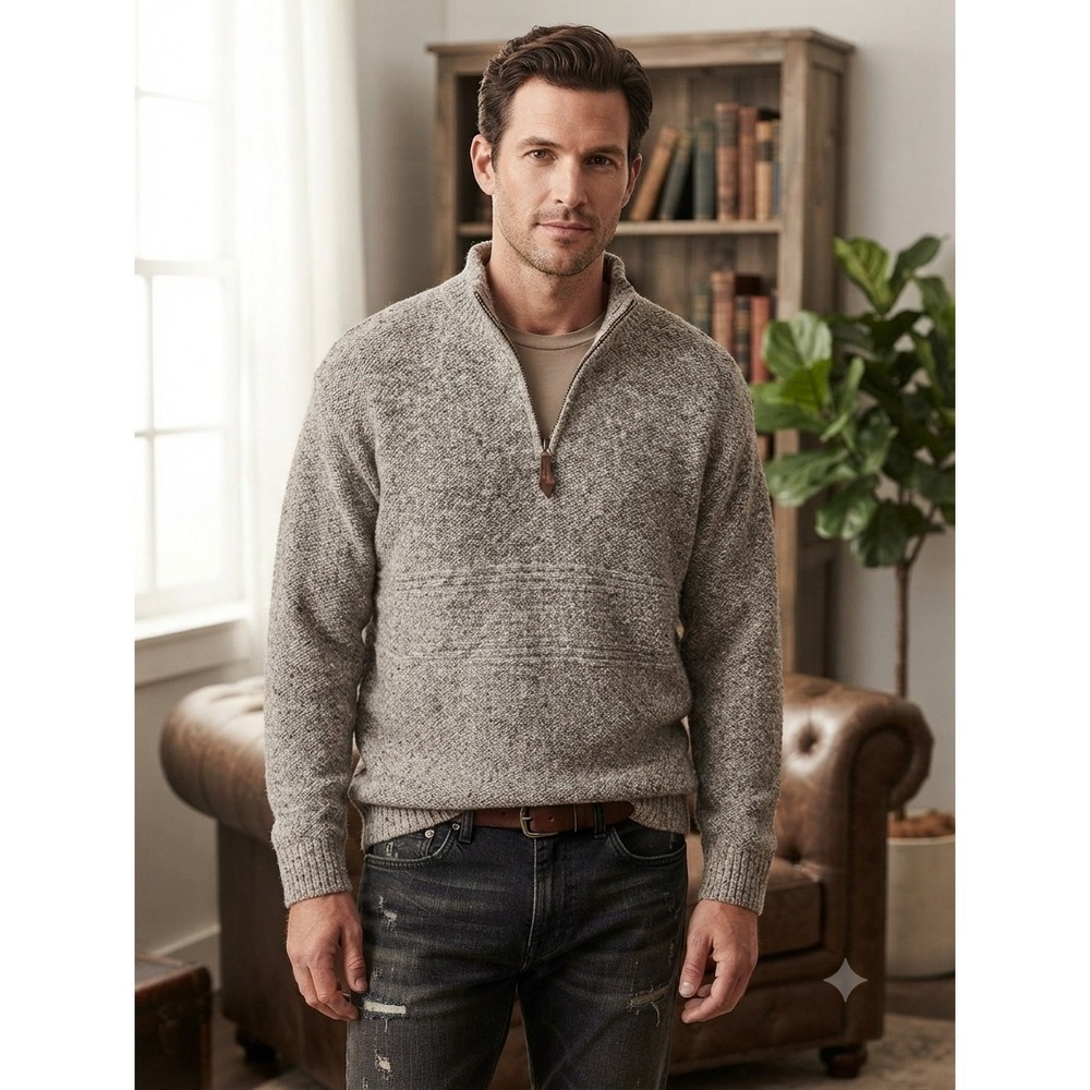 Vtg Pendleton 100% Virgin Wool Quarter Zip Sweater Men's XL Oatmeal Herringbone